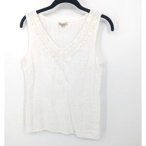 Lina Tomei Tank Top Womens Small White Linen Sequin V‎ Neck
